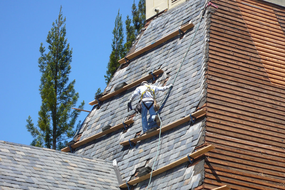 Steep slate and shake work